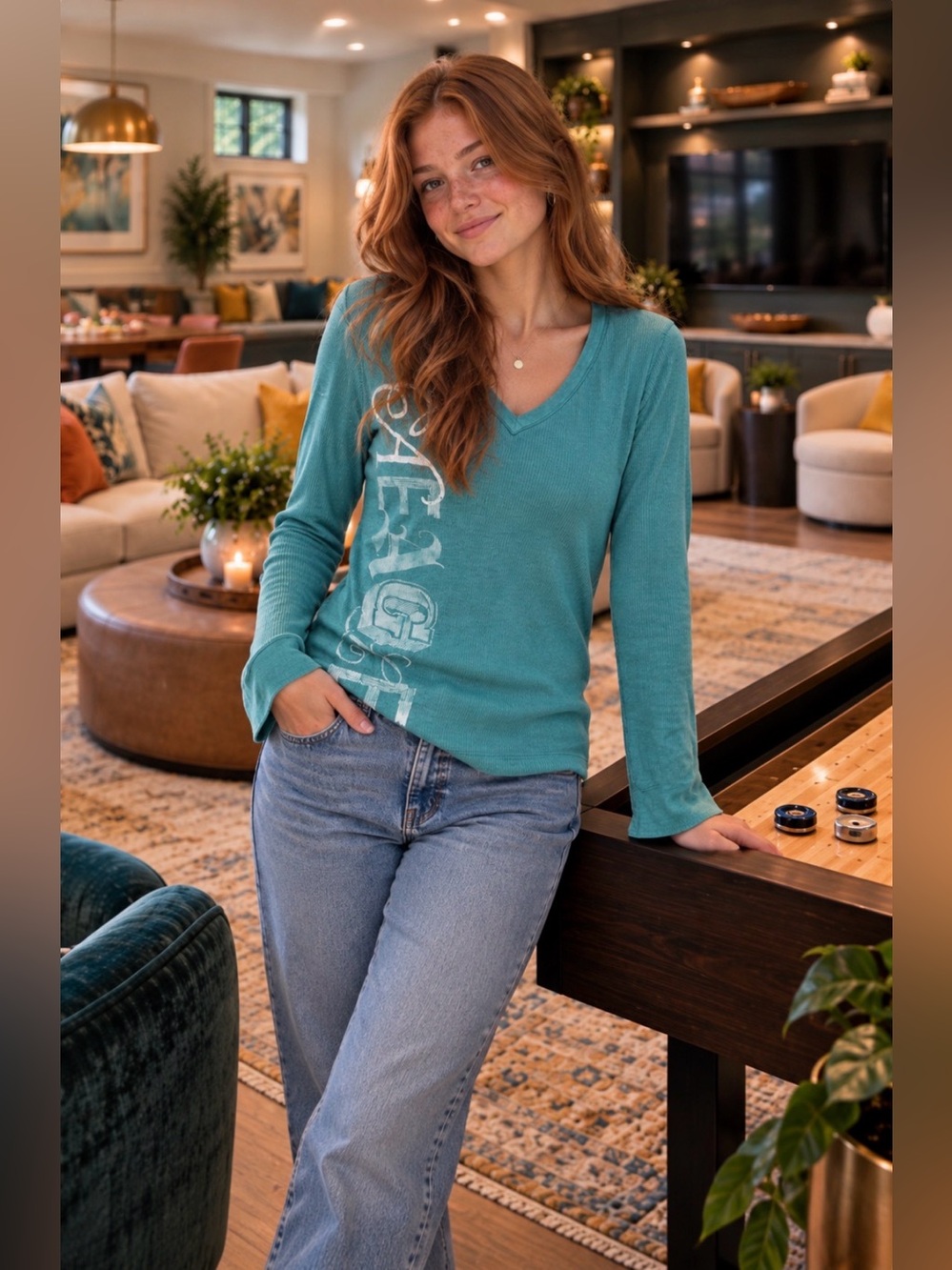 American Eagle Outfitters Teal V-Neck Long Sleeve Top with Side Graphic